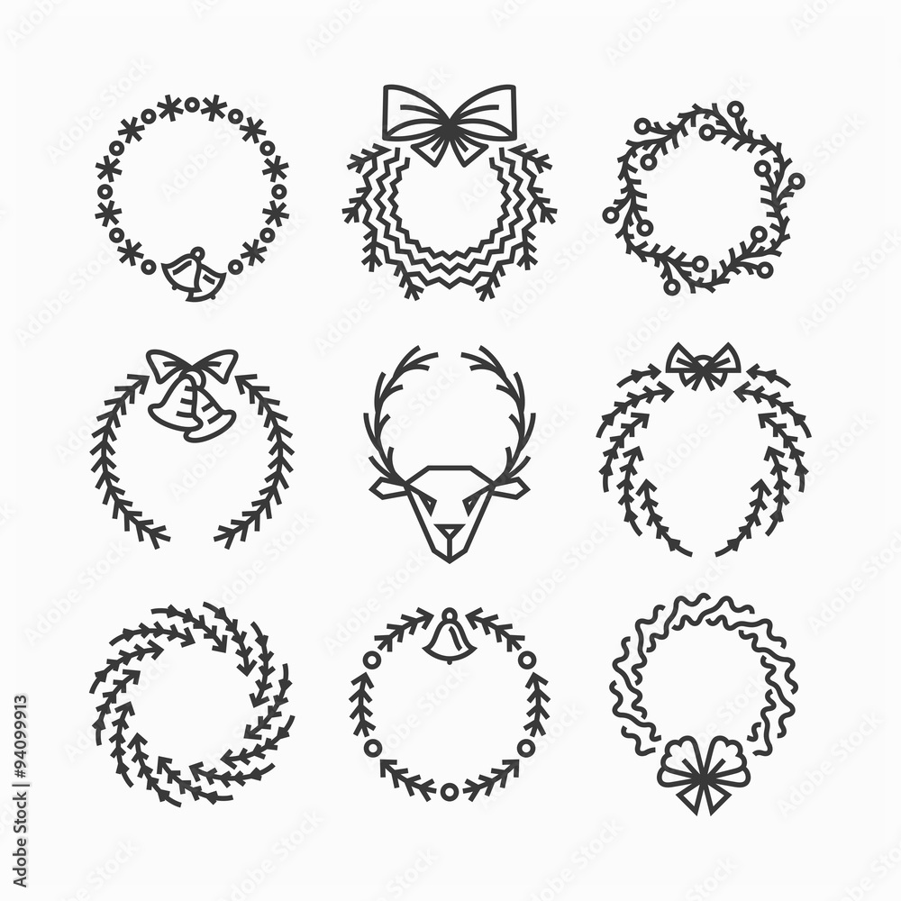 Fototapeta premium Set of line Christmas wreaths