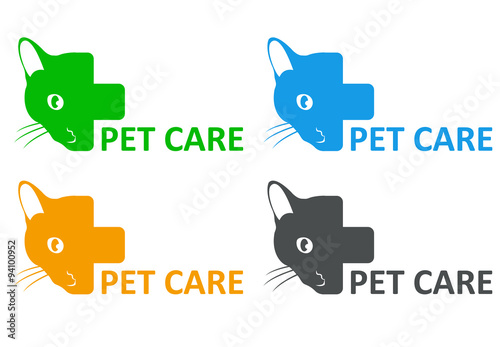 Texto PET CARE con cabeza de gato con varios colores