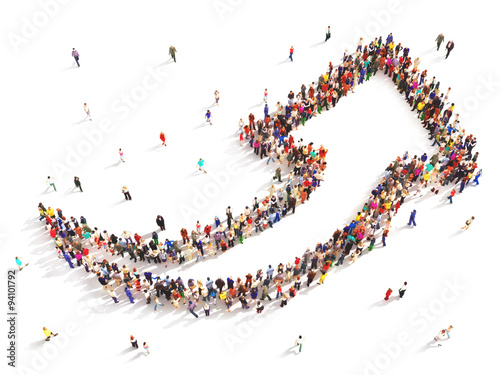 People with direction. Large group of people in the shape of an arrow pointing up symbolizing direction , progress or growth.