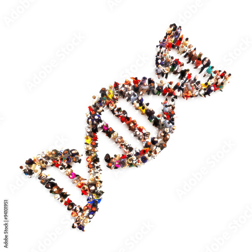 DNA foot print. Large group of people in the shape of a DNA symbol on a white background. Medical DNA ,genealogy, biology concept