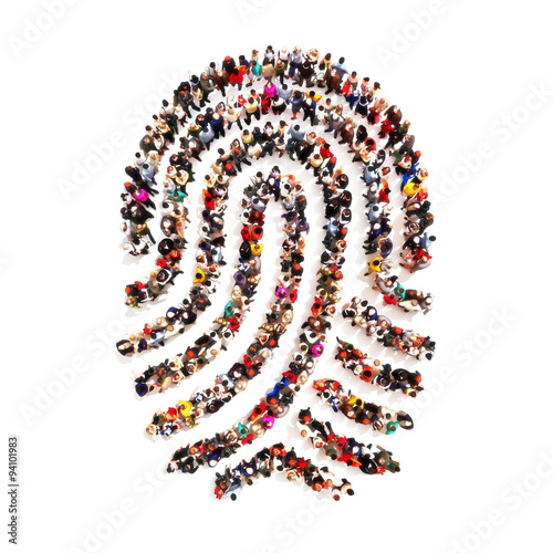 Large group pf people in the shape of a fingerprint on an isolated white background. People finding there identity, identity theft, individuality concept. photo