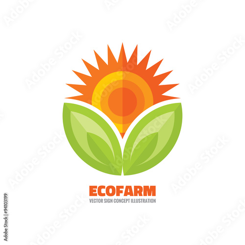 Ecofarm -vector logo concept illustration. Ecological farm creative logo. Organic fresh product logo. Sun and leaves vector sign. Sunflower symbol illustration. Vector logo template. Design element.