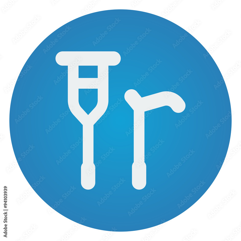 Flat white Crutch Cane icon on blue circle Flat white Crutch Cane icon on blue circle