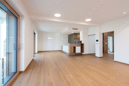 Contemporary interior of kitchen with empty room