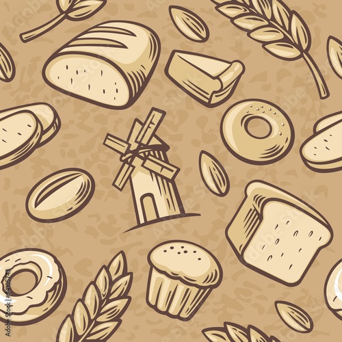 Bread and Cooking seamless Pattern hand drawn vintage. Set handmade vintage symbols icons.