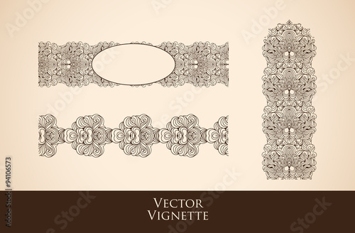 Vector set of vintage vignettes in Victorian style. Ornate element for design. Ornamental pattern for wedding invitations, birthday and greeting cards. Set of vignettes and decoration for pages.