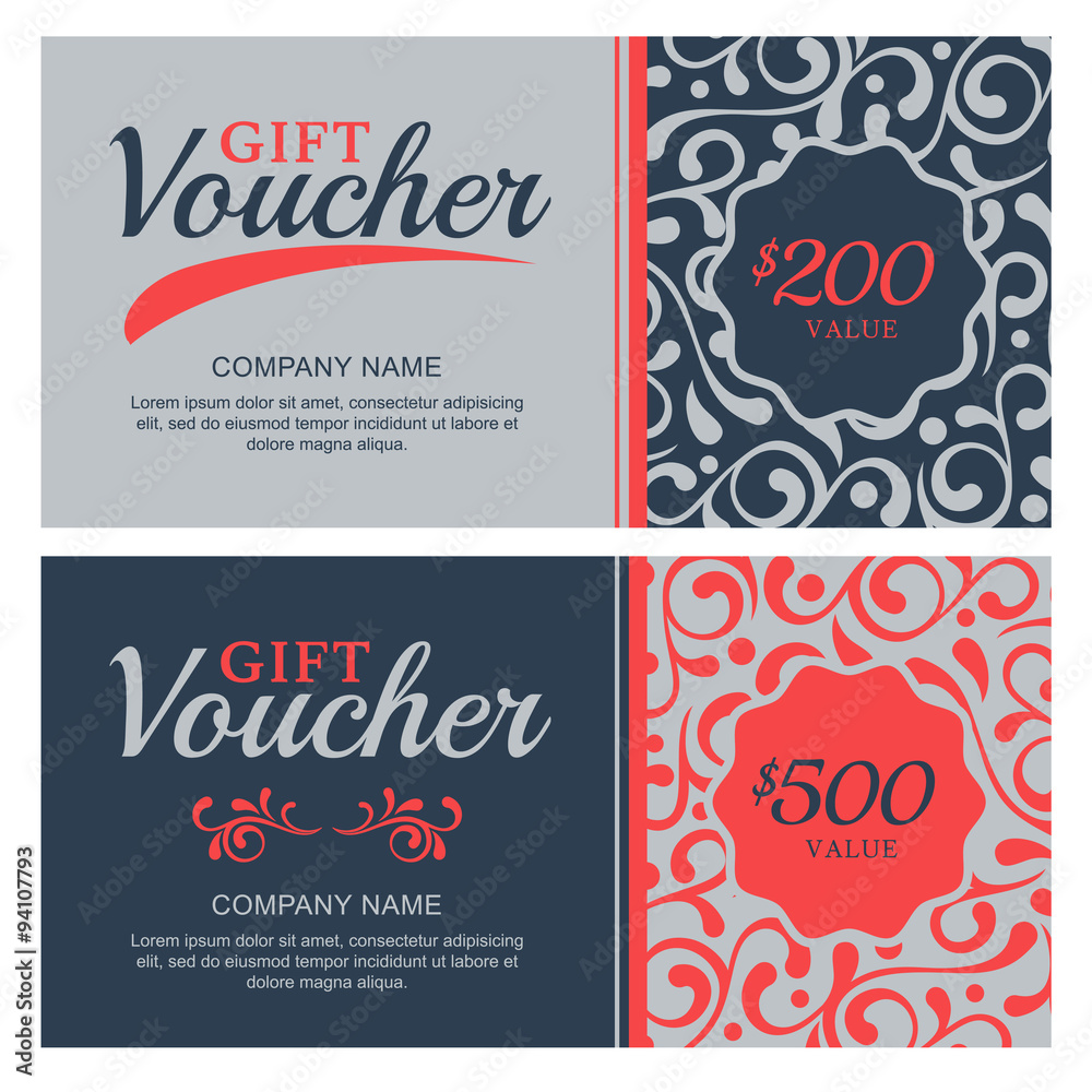 Vector gift voucher with flourish ornament background.