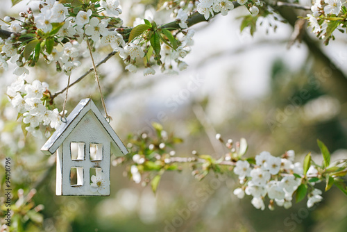 Little wooden house in Spring with blossom cherry flower sakura © Elena Moiseeva