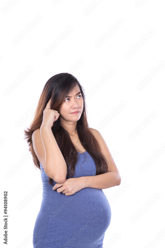 Obraz premium Asian pregnant woman look up and think