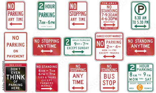 Collection of standing and parking restriction signs used in the USA
