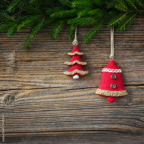 Christmas old wooden background with Christmas fir tree and decoration, copy space