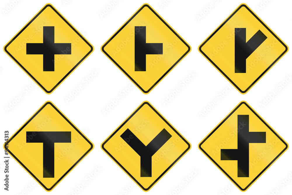 Collection of intersection warning signs used in the USA Collection of intersection warning signs used in the USA