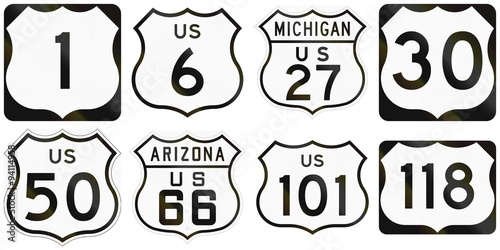 Collection of numbered highway road signs used in the USA photo