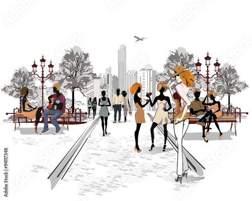 Series of the streets with people and musicians in the old city