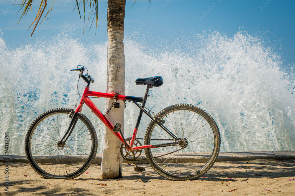 Fototapeta premium Waves splashing red bicycle leaning on palm tree in the beach