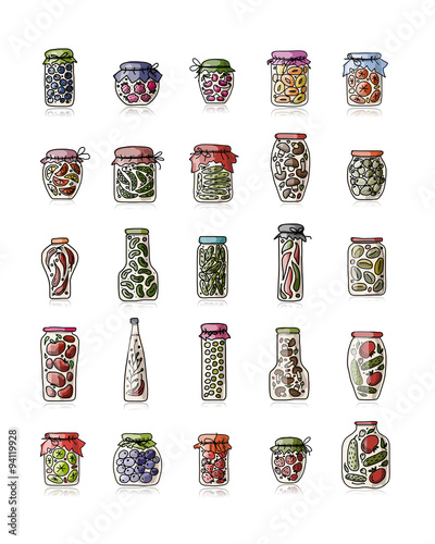 Set of pickle jars with fruits and vegetables