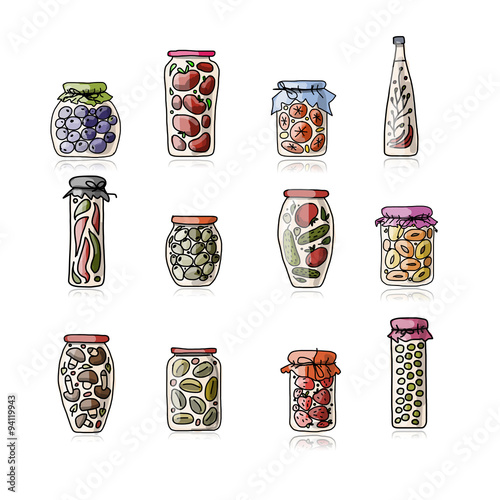 Set of pickle jars with fruits and vegetables