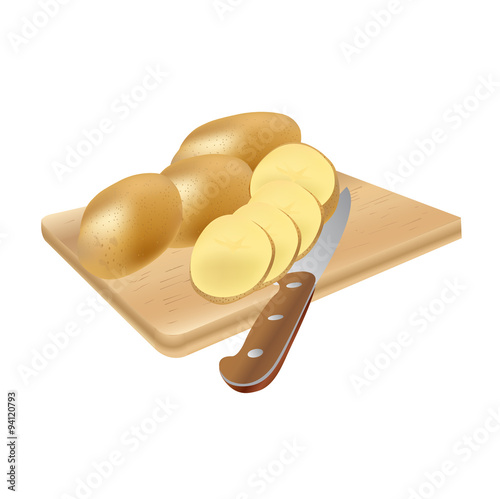 raw potatoes with a knife on a board, vector illustration