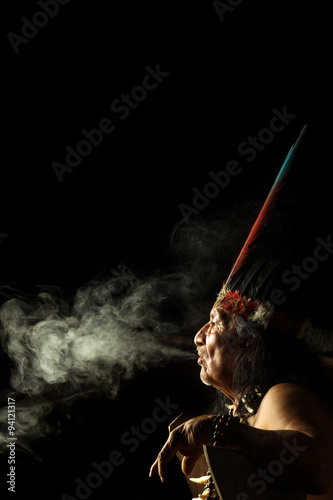 An ancient Maya shaman, draped in traditional garments, leads a sacred ayahuasca ceremony amidst the lush jungle of Amazonia. © Ammit