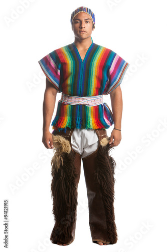 An alluring studio capture of an Ecuadorian dancer in traditional highland attire adorned with distinctive llama or alpaca pants expertly isolated against a clean white backdrop