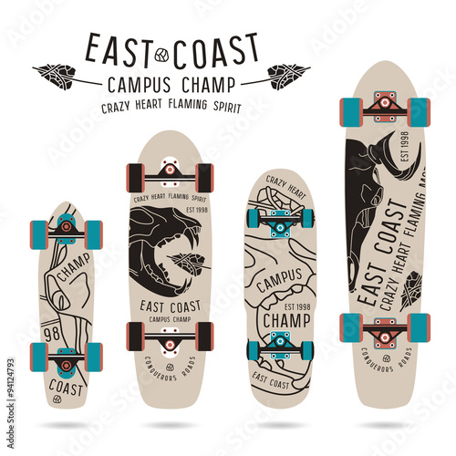 Set of prints on longboard with the images of animal skulls