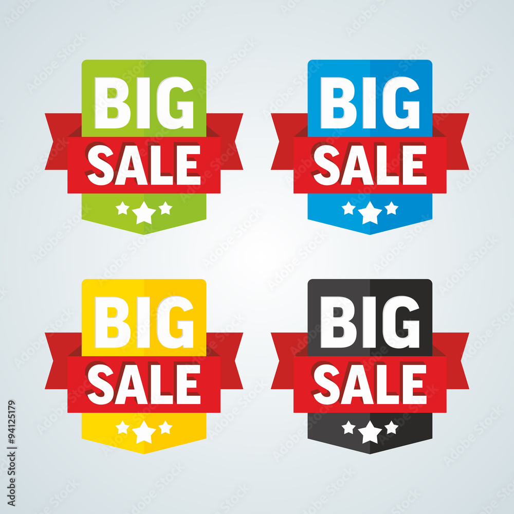 Big sale badge with red ribbon. Different colors. Vector illustr Big sale badge with red ribbon. Different colors. Vector illustr