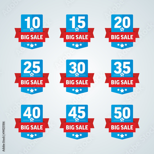 Big sale 10-50 percent blue badge with red ribbon. Vector illust