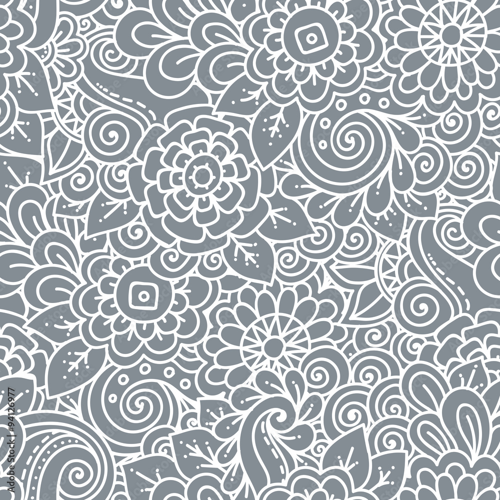 Seamless  floral retro doodle black and white pattern in vector. 