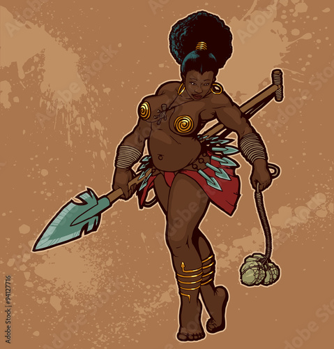 Vector black woman warrior with a spear on a light brown background.