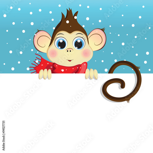 Vector cartoon illustration of a baby monkey holding a white horizontal banner. winter background. Greeting Card Happy New Year.