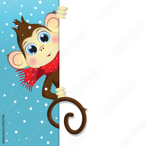 Vector cartoon illustration of a baby monkey holding a white vertical banner. winter background. Greeting Card Happy New Year.