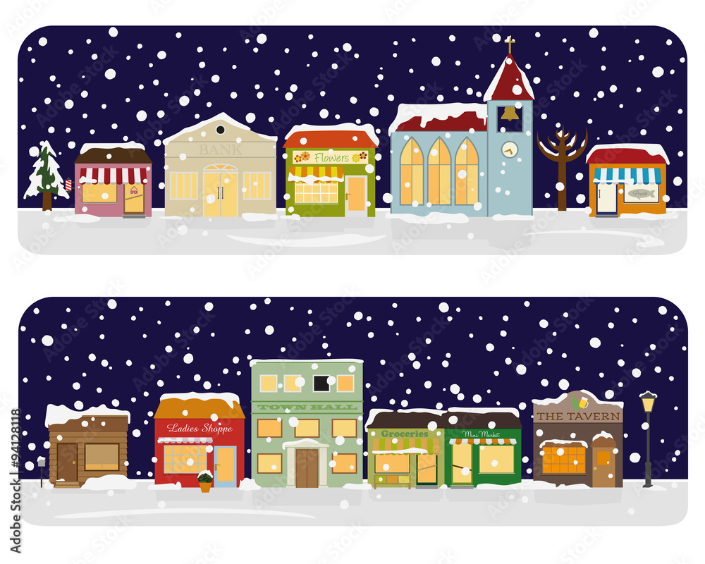 Winter Village Main Street Neighborhood Vector Illustration. Small town main street with shops, church, bar and public buildings. All objects are grouped, text and snow on separate layer.