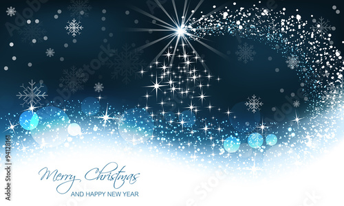Christmas greeting card with christmas tree on abstract snow background.