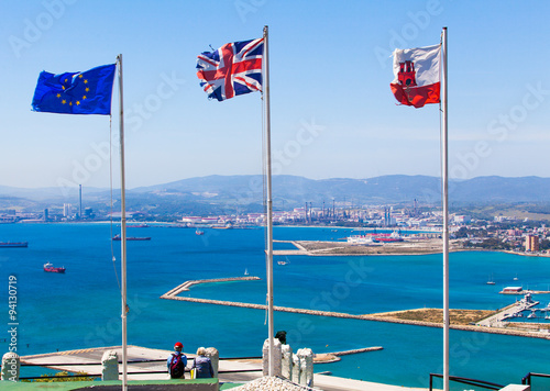 flags of the european union, united kingdom and gibraltar 