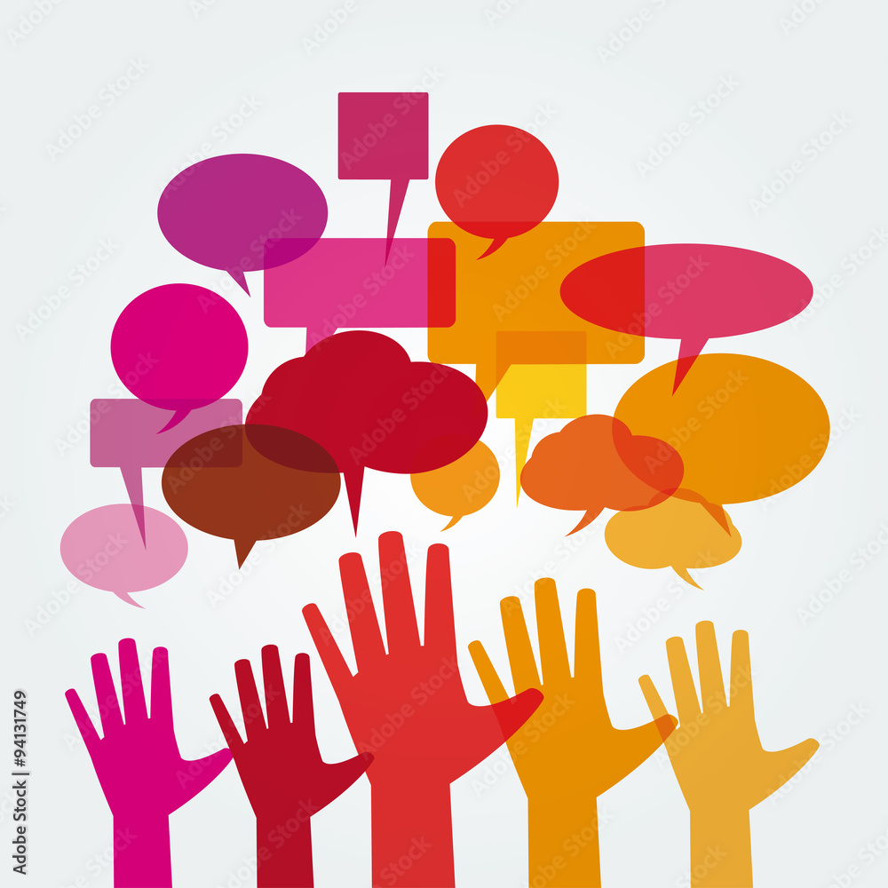 Colorful abstract hands with speech bubbles