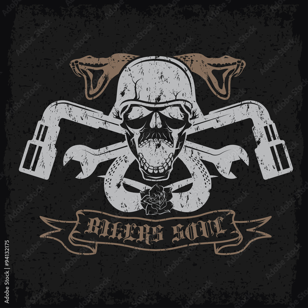 Fototapeta premium grunge biker theme label with pistons,flowers,snakes and skulls