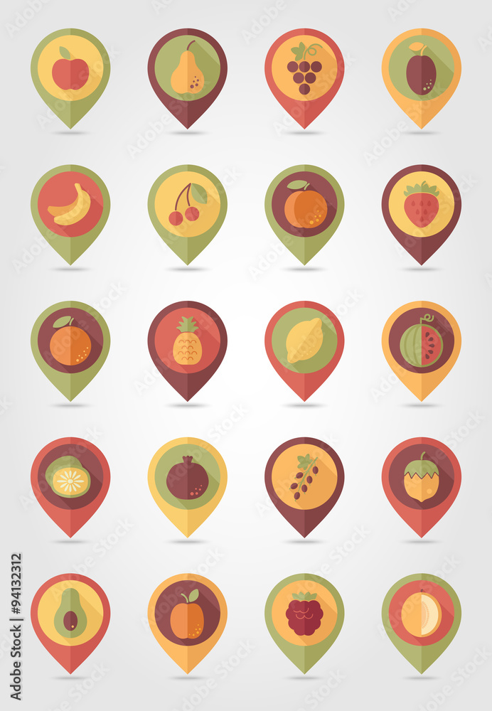 Fruits mapping pins icons Fruits mapping pins icons