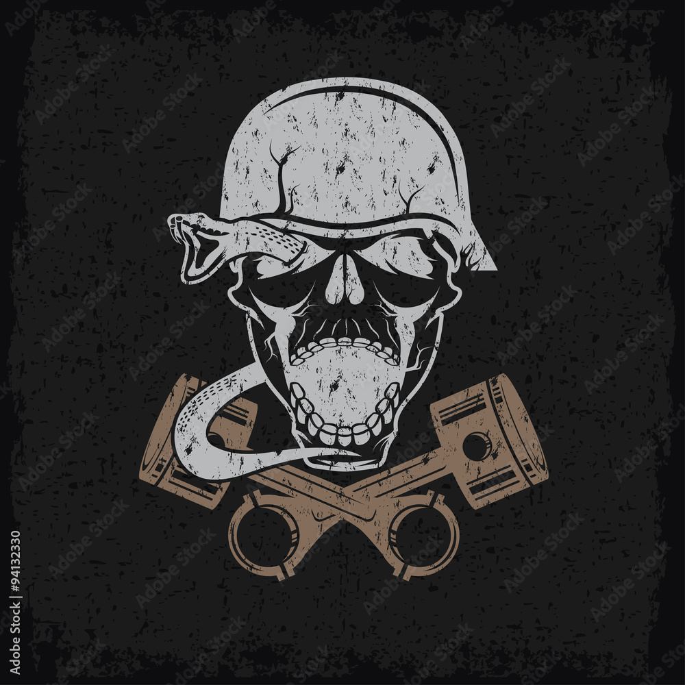 Fototapeta premium grunge biker theme label with pistons snake and skulls