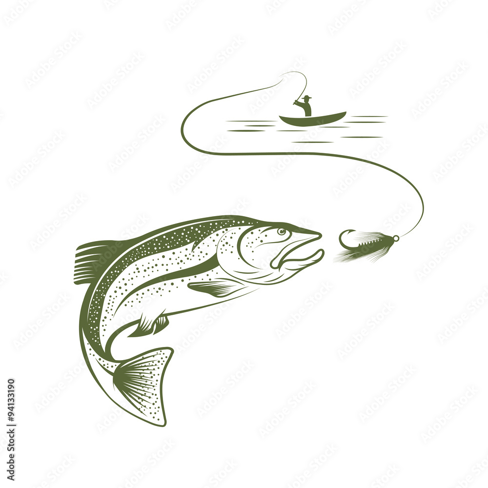 Fototapeta premium fisherman in boat and salmon