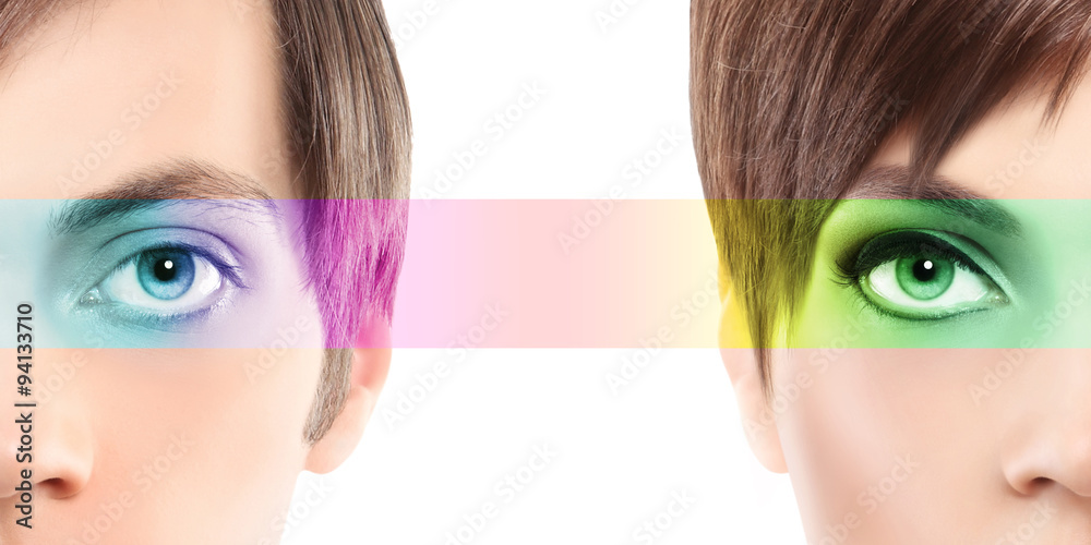 oculistic concept, portrait half woman half man, eyes colorful r oculistic concept, portrait half woman half man, eyes colorful r