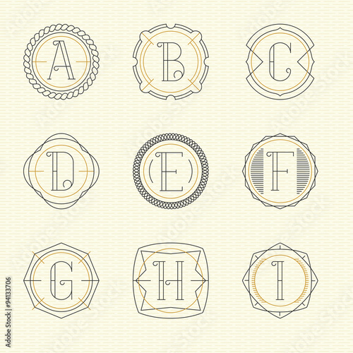 Vector set of monogram logo emblem templates in trendy outline style. Letters A - I.
