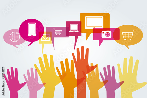 Colorful abstract hands with speech bubbles and social media ico