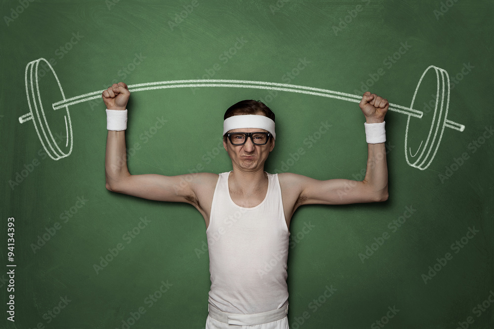 Funny retro sport nerd lifting weights drawn on a chalkboard