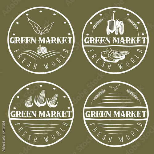 set of vintage labels of green market with tractor and vegetable