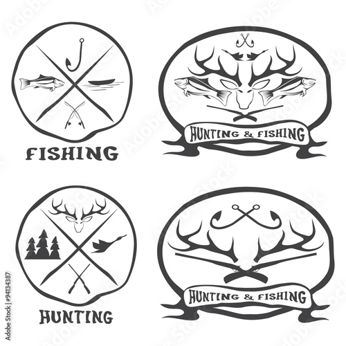 hunting and fishing vintage emblems set