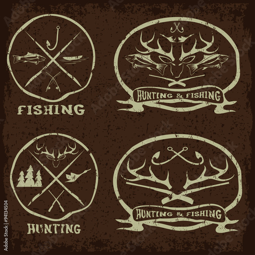 hunting and fishing vintage emblems set