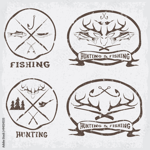 hunting and fishing vintage emblems set