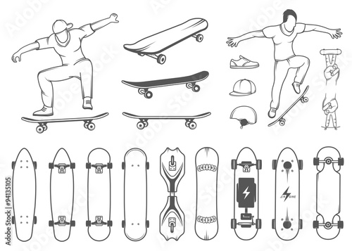 Set of Skateboards, Equipment, and Elements of Street Style photo