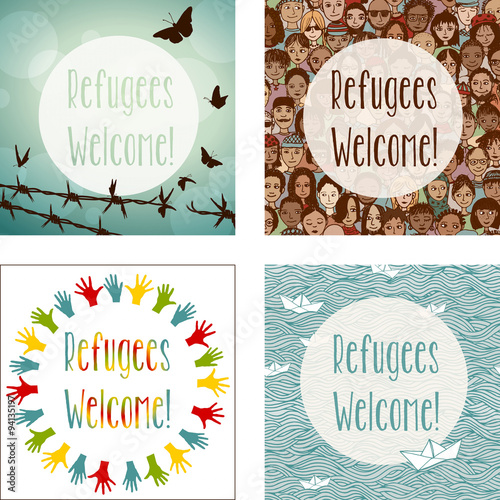 Set mit vier "Refugees Welcome" Illustrationen