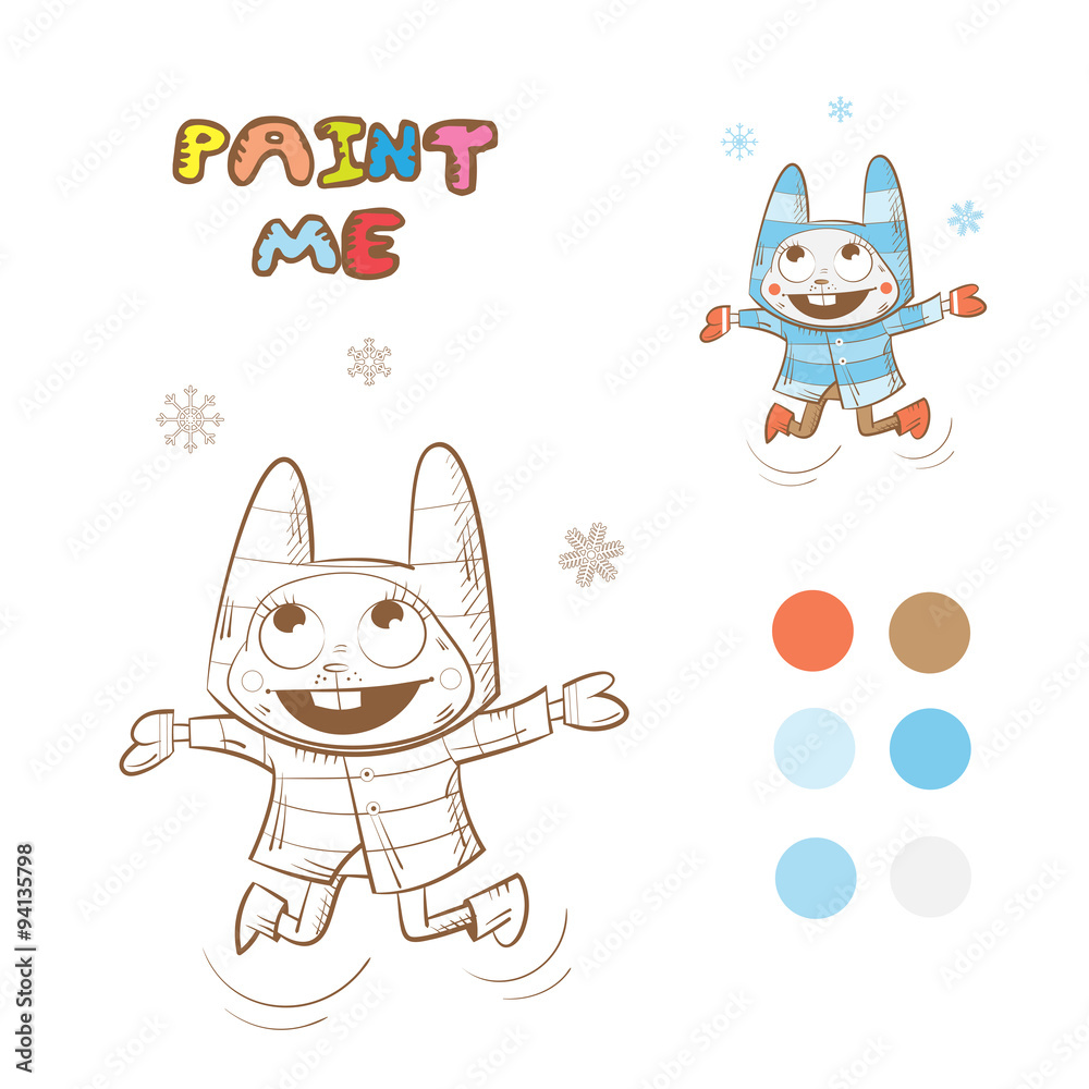Fototapeta premium Winter coloring book with cartoon rabbit. Vector image.